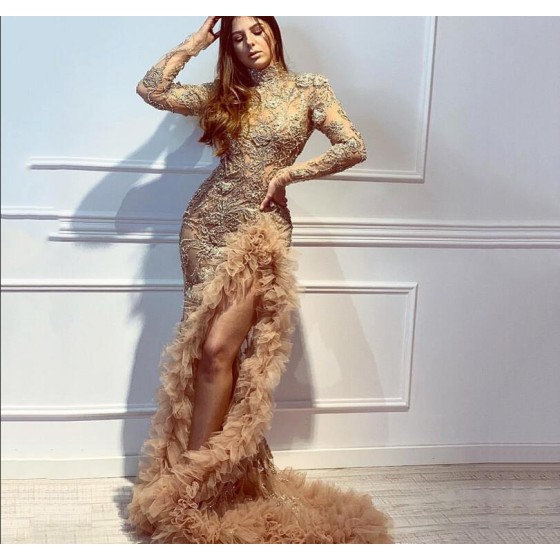Women's gold sexy evening dress, new 2025 style, elegant long mermaid gown for banquets, weddings and hostesses